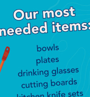 Our Most Needed Items list; Bowls, Plates, Drinking Glasses, Cutting Boards